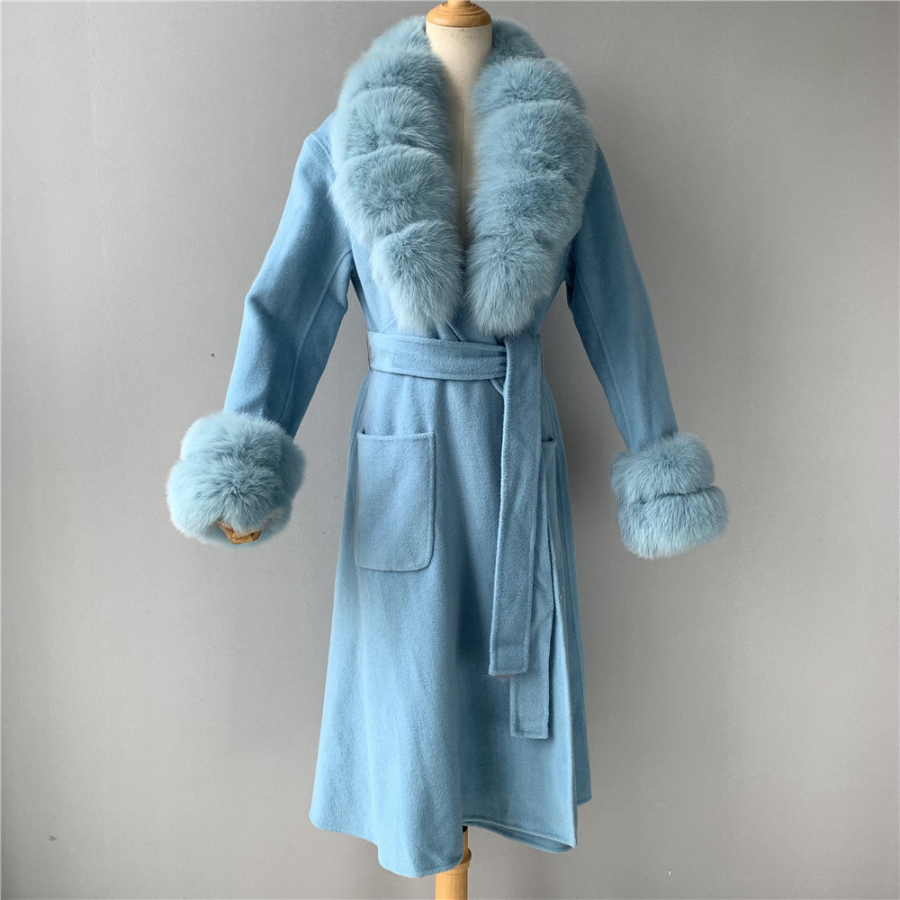 Jaxmonoy Long Cashmere Coat Big Size Real Fur Collar And Cuffs With Big Skirt