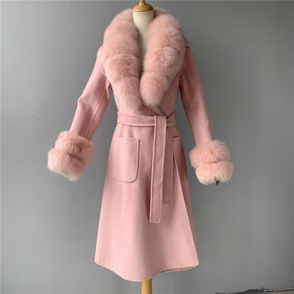 Jaxmonoy Long Cashmere Coat Big Size Real Fur Collar And Cuffs With Big Skirt
