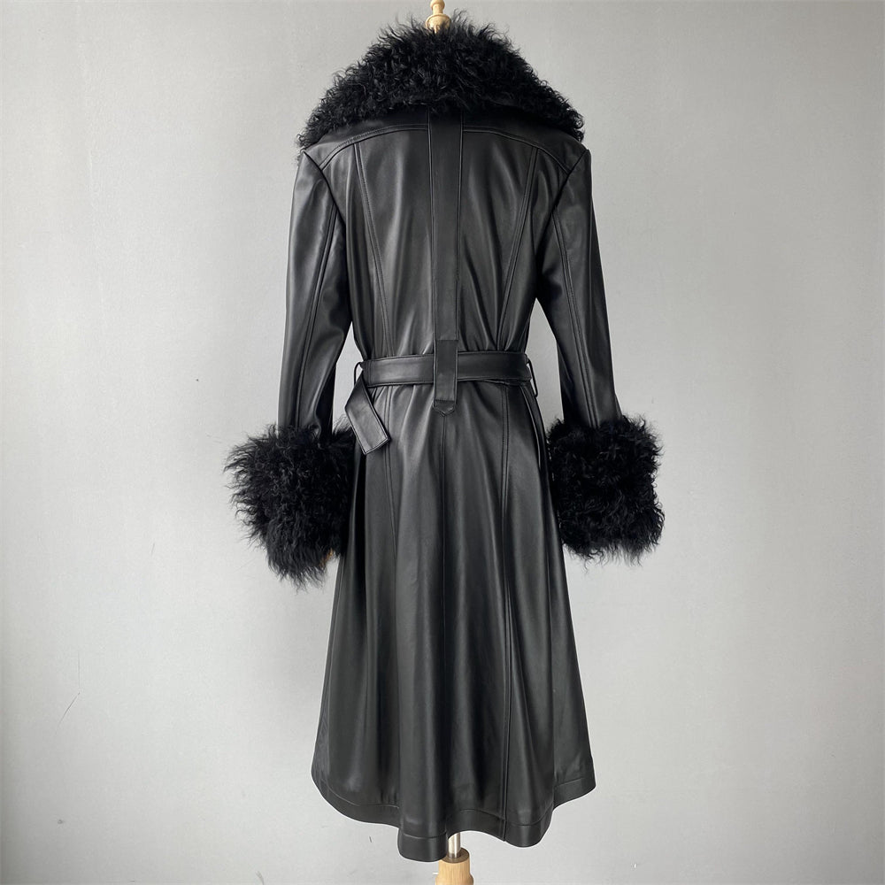 Custom Color Belt Design Genuine Leather Trench Coat With Sheep Fur