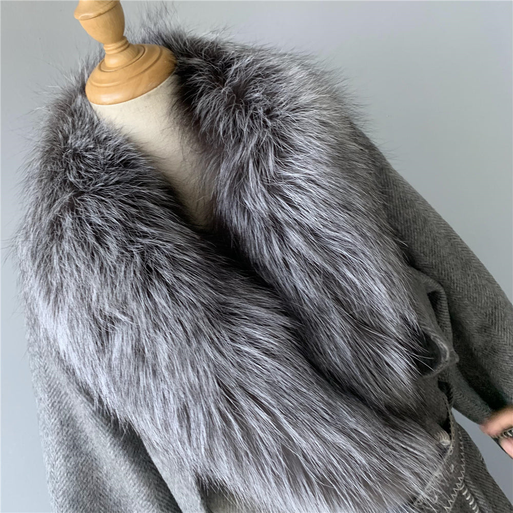 Jaxmonoy Fashionable Women Cashmere Coat With Big Real Fox Fur Collar