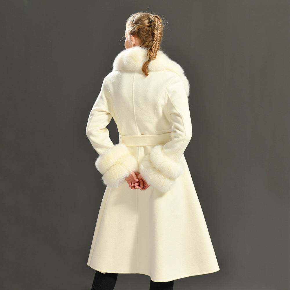 Jaxmonoy Long Cashmere Coat Big Size Real Fur Collar And Cuffs With Big Skirt