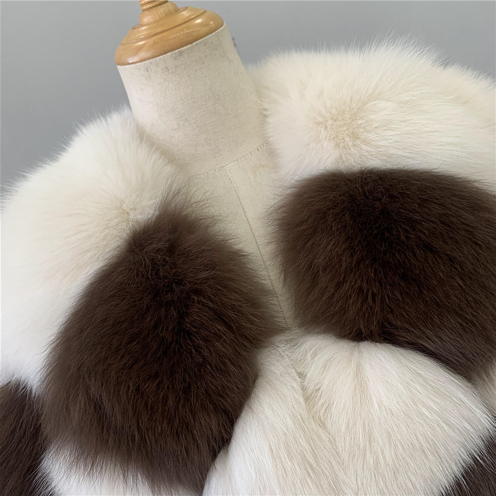 Jaxmonoy Female Two-color Stitching Minimalistic Ladies Real Fox Fur Coat
