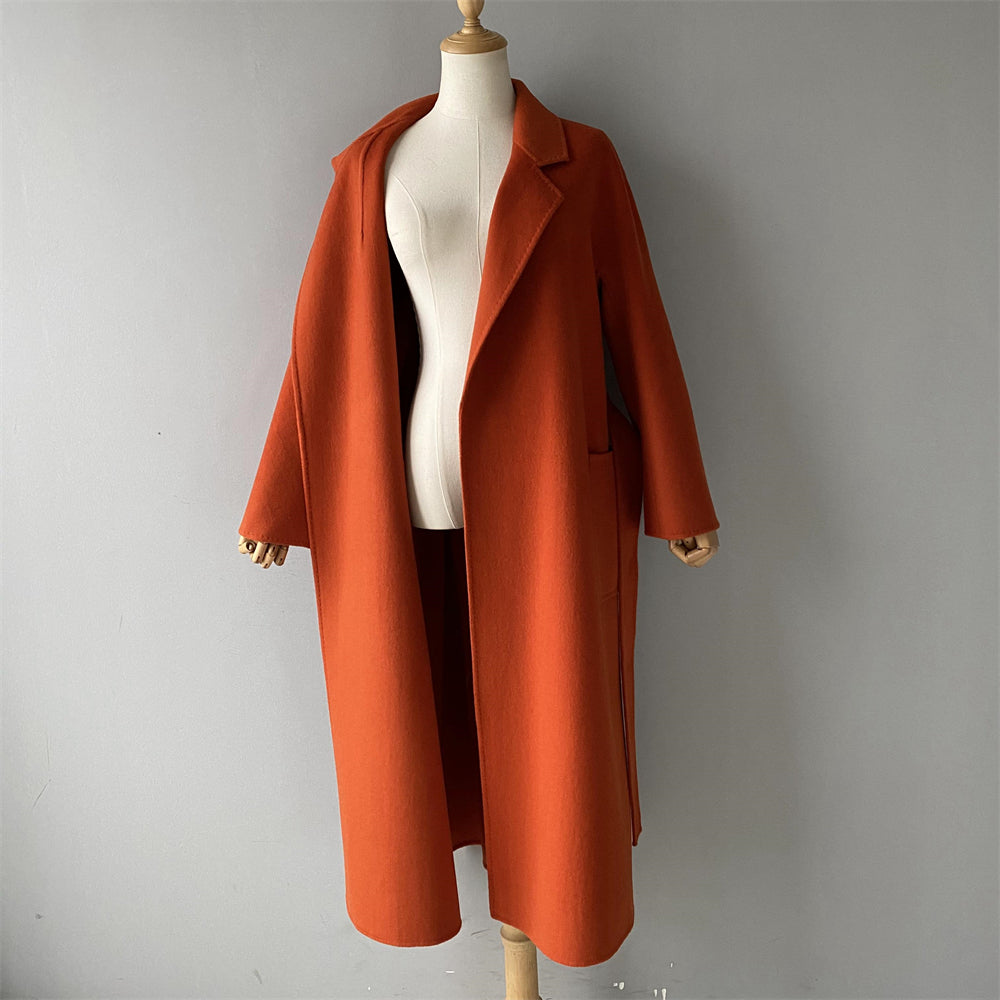 Solid Color Cashmere Coat With Big Side Pocket And Removable Belt
