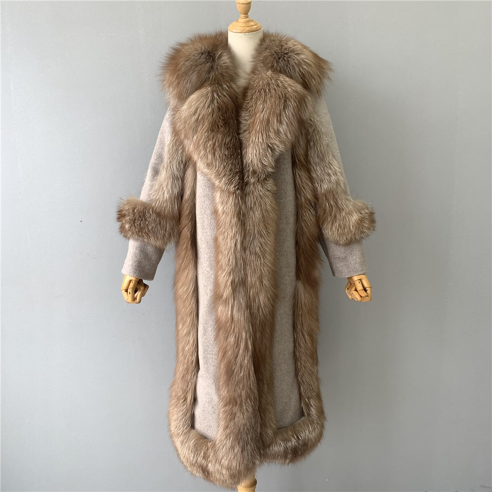 Jaxmonoy Women Wool Coat With Luxury Real Fur Collar And Belt