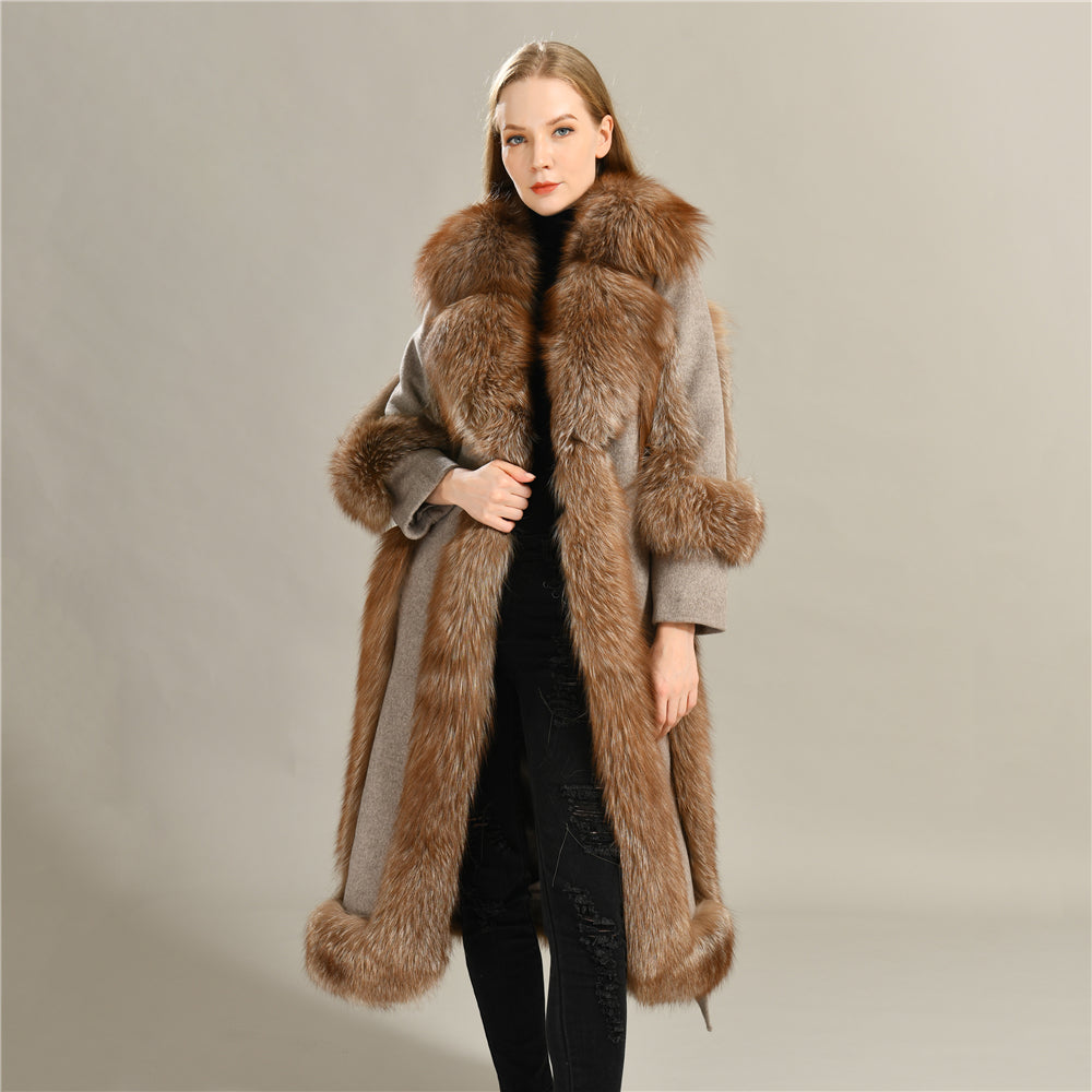 Jaxmonoy Women Wool Coat With Luxury Real Fur Collar And Belt