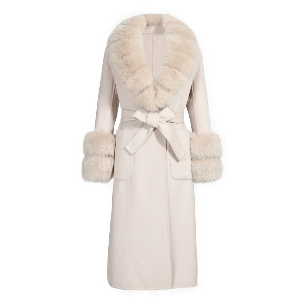 Jaxmonoy Slim Cashmere Coat Long Style Overcoat With Big Real Fur Collar And Double Cuffs