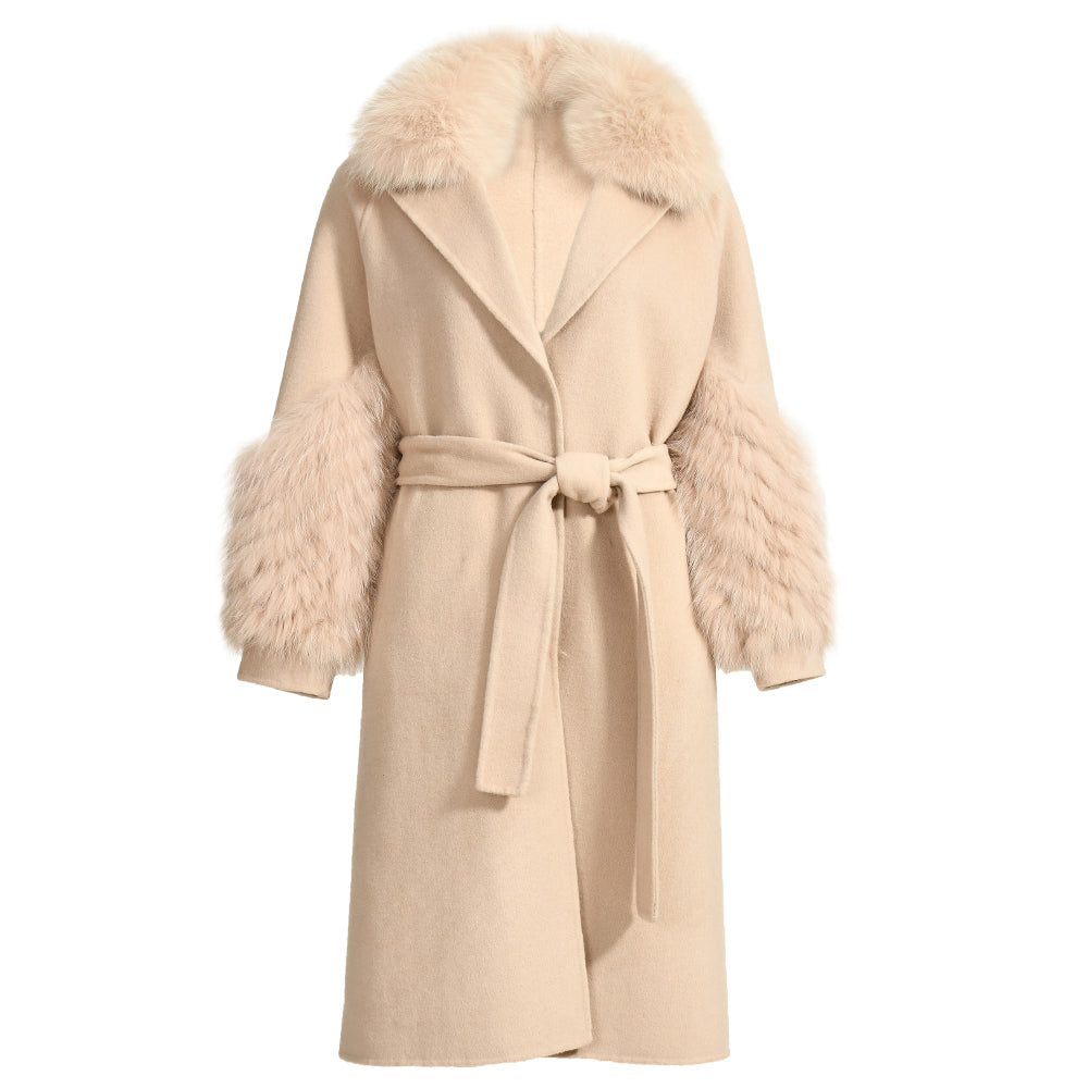 Jaxmonoy Sim Solid Cashmere Coat With Luxurious Real Fur Collar And Cuffs