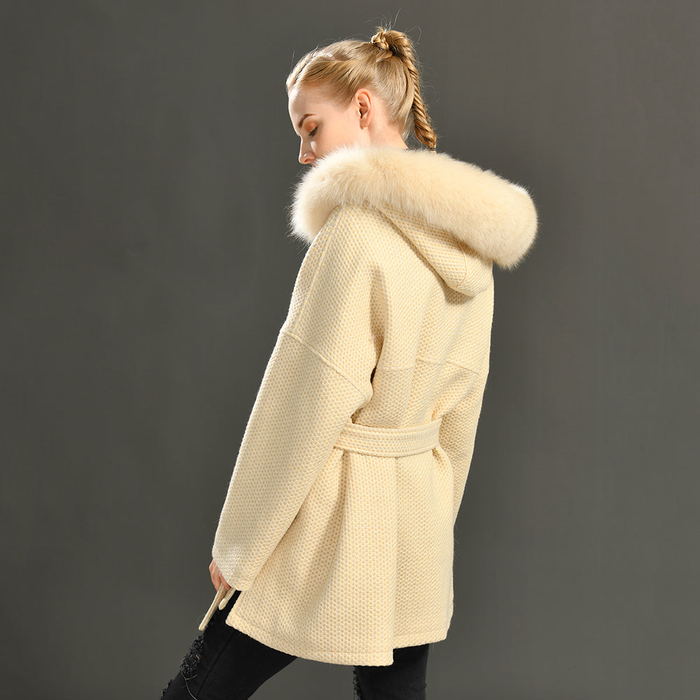 Jaxmonoy Autumn And Winter Cashmere Coat With Real Big Fur Collar