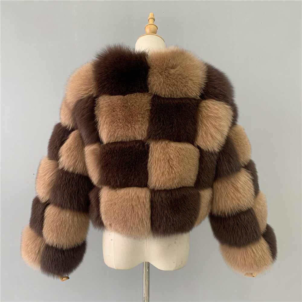 Jaxmonoy Two-color Stitching Classic Style Fashion Warm Winter Real Fox Fur Coat
