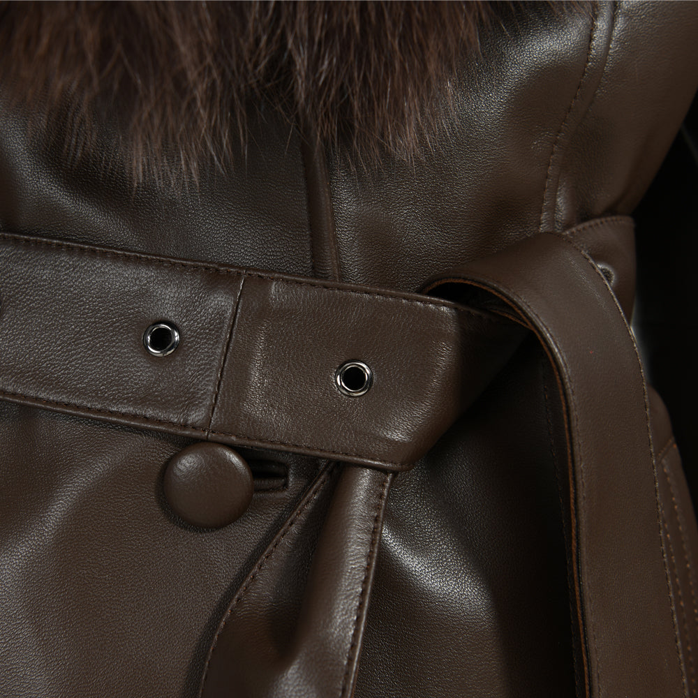 Regular Length Genuine Sheepskin Leather Coat With Real Fox Fur Collar And Cuffs Winter Women Leather Jacket Genuine