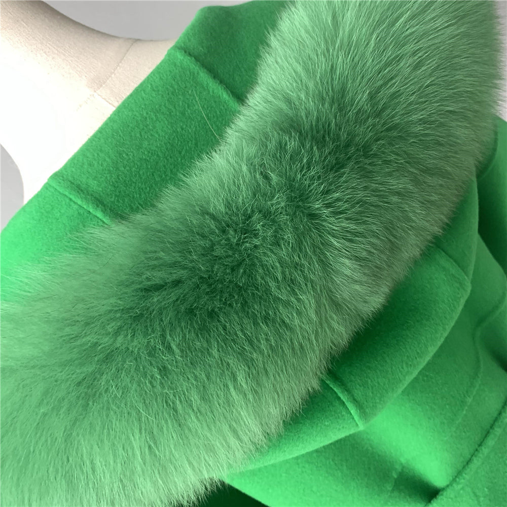 Jaxmonoy Oversize Loose Cashmere Wool Coat with Real Fox Fur Collar Winter Women Hood Outerwear Belt