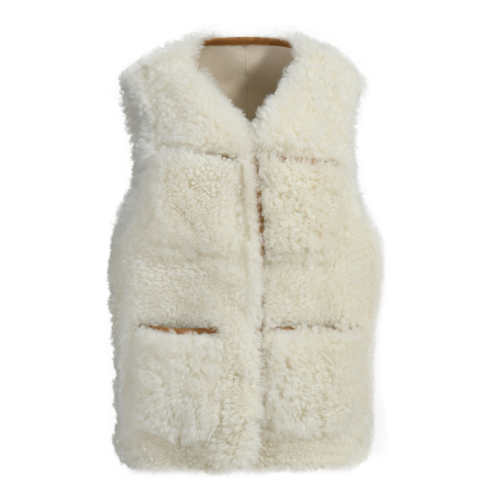 Winter Stylish V-neck Real Sheep Fur Gilet Custom Fashion Genuine Shearling Vest Women