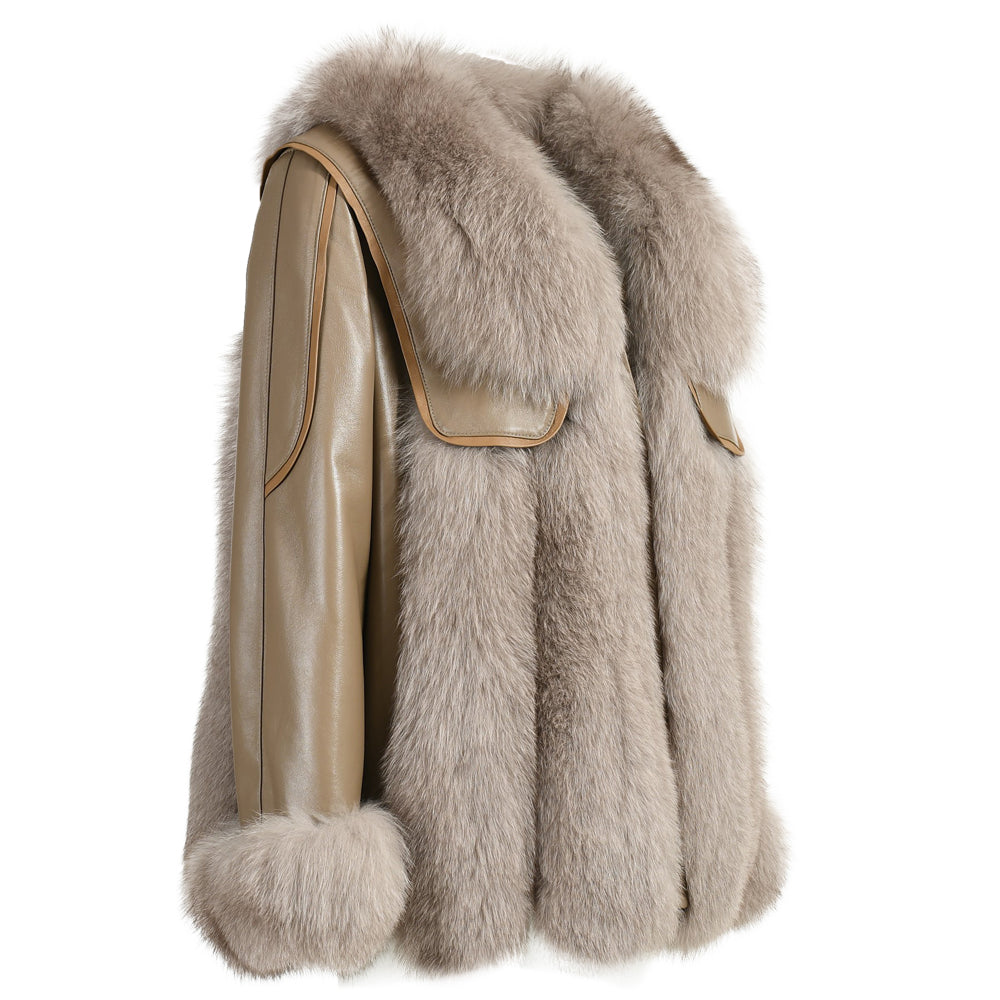 Genuine Leather Jacket With Real Fox Fur V-neck Collar Spring