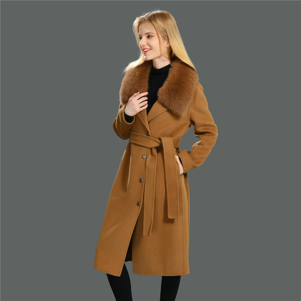 Jaxmonoy Stylish Cashmere Coat Fluffy Fox Fur Collar