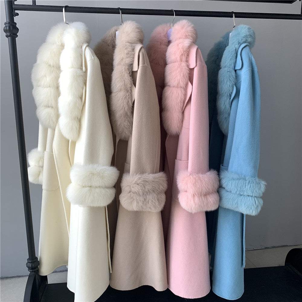Jaxmonoy Long Cashmere Coat Big Size Real Fur Collar And Cuffs With Big Skirt
