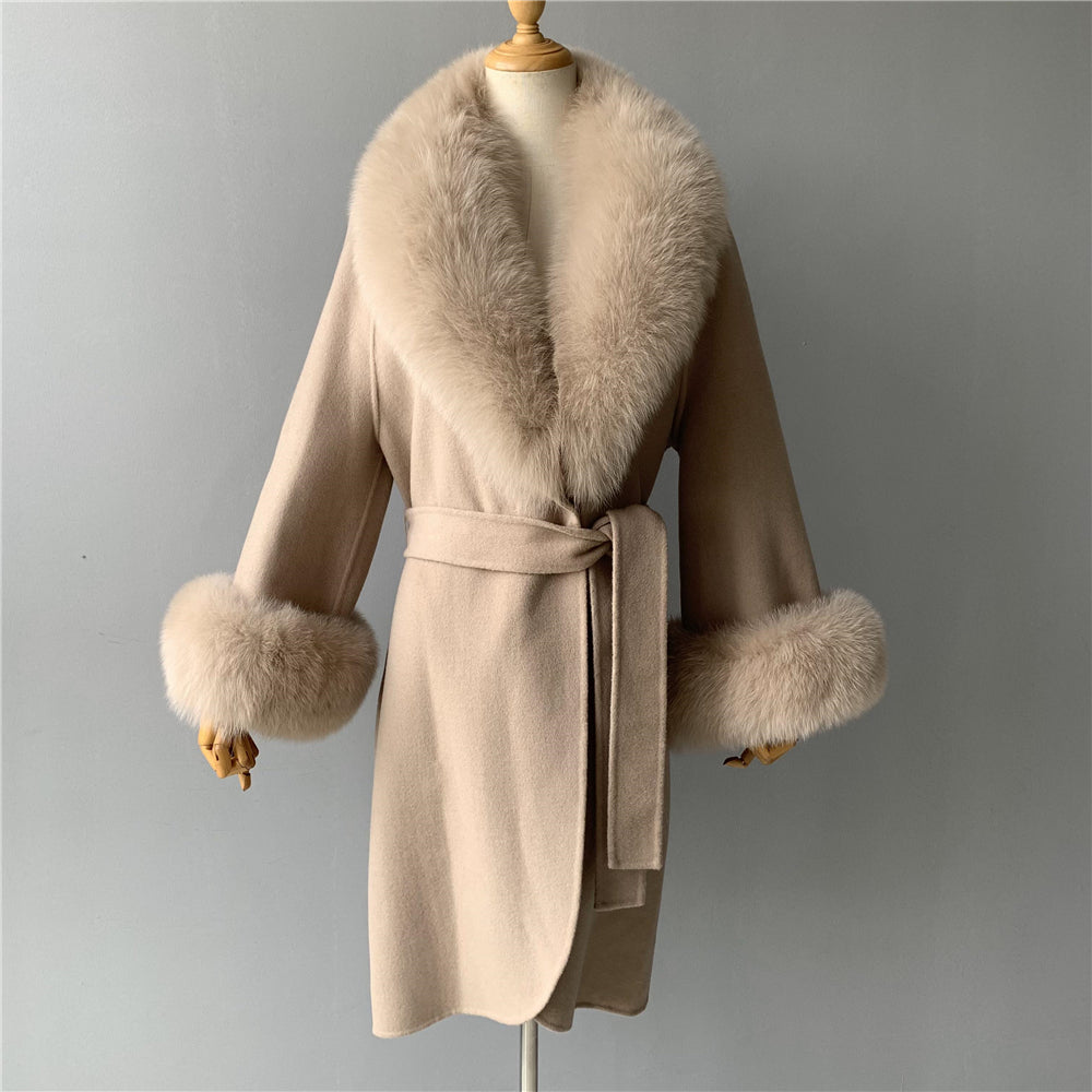 Jaxmonoy Fashionable Women Cashmere Coat With Big Real Fur Collar And Cuffs