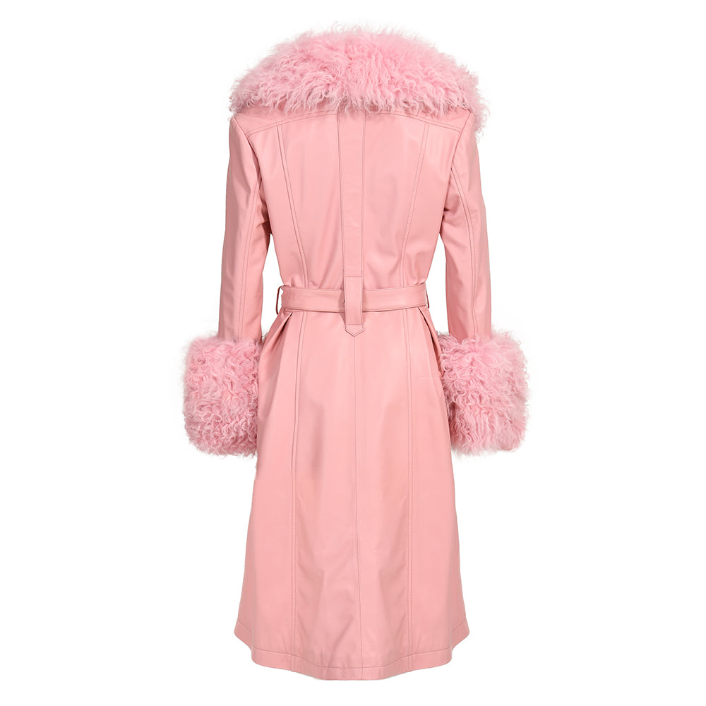 Custom Color Belt Design Genuine Leather Trench Coat With Sheep Fur
