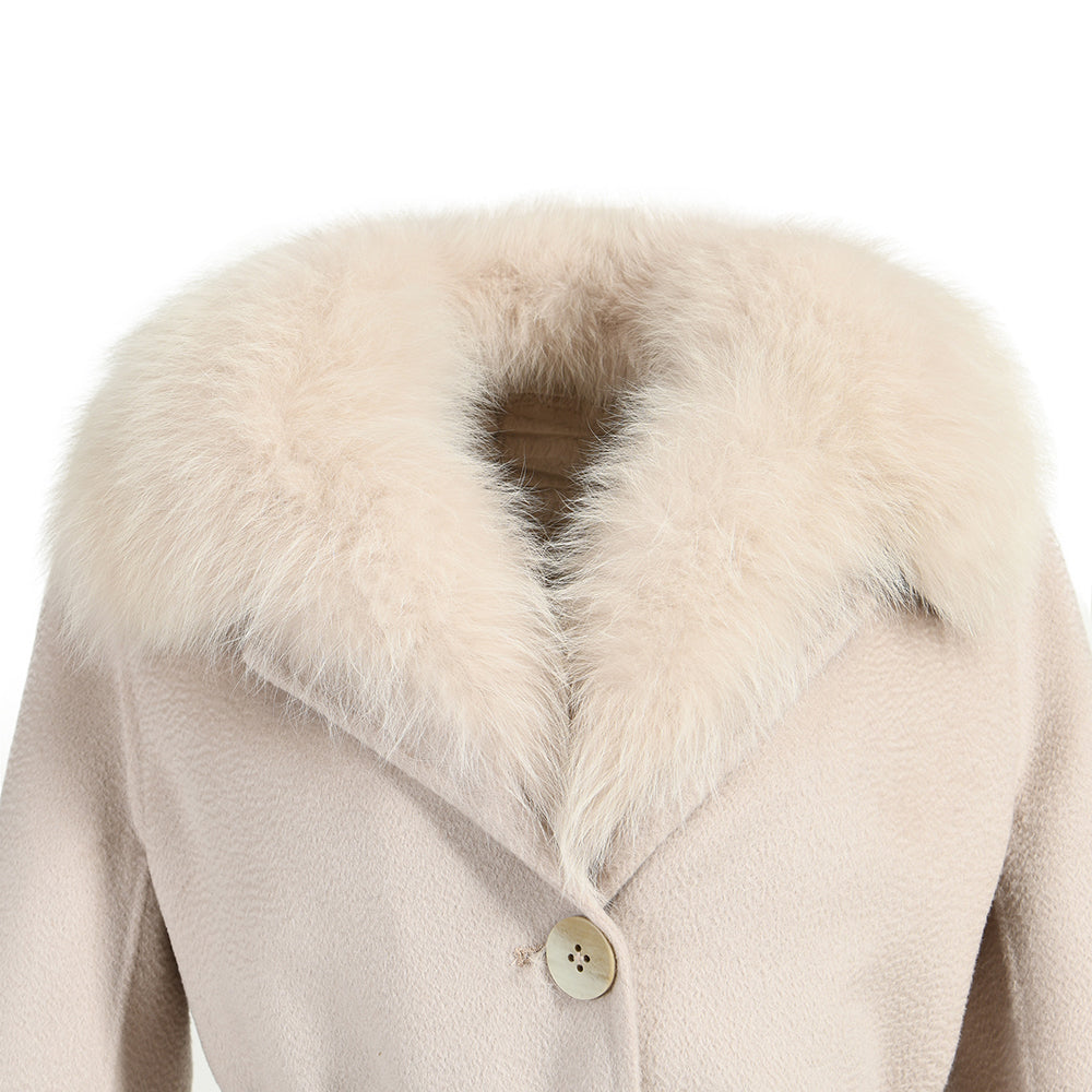 Double Breasted Long Style Breathable Wool Coat With Real Fur Collar