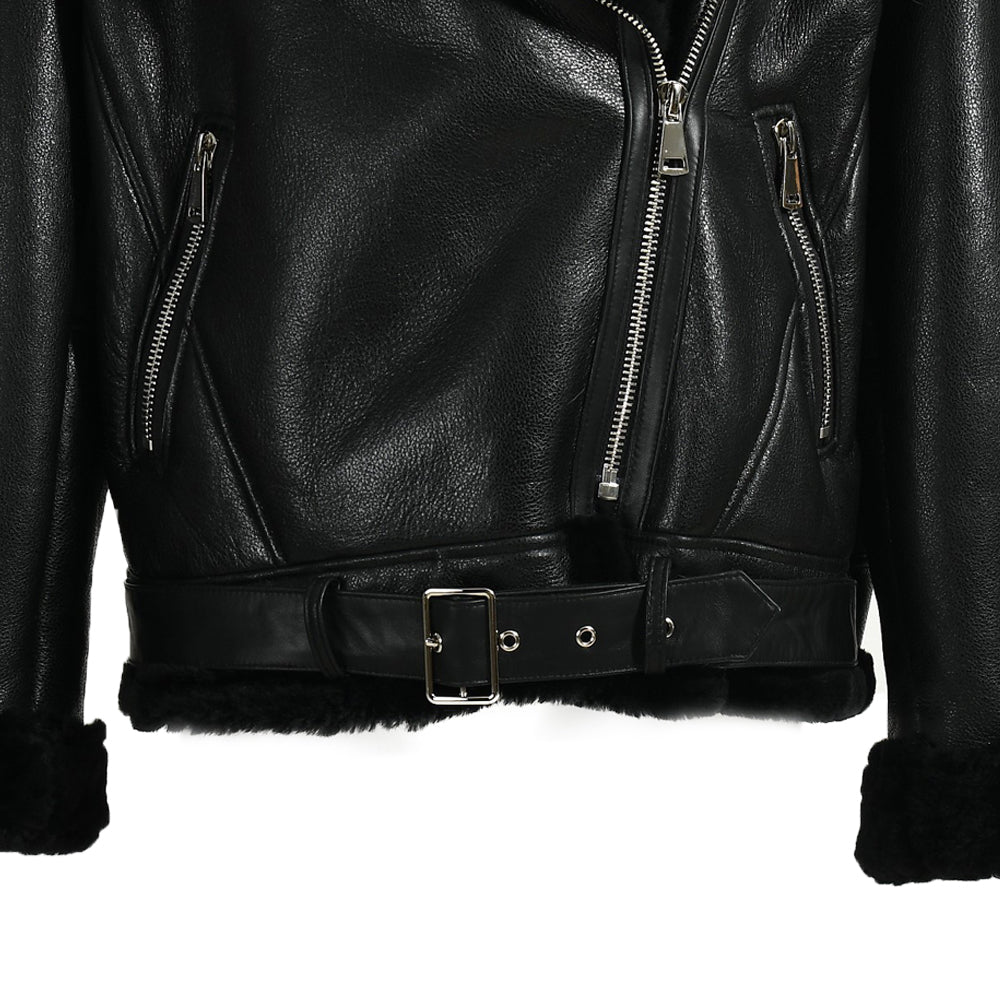 Shearling Coat With Real Fox Fur Collar Leather Jacket For Women