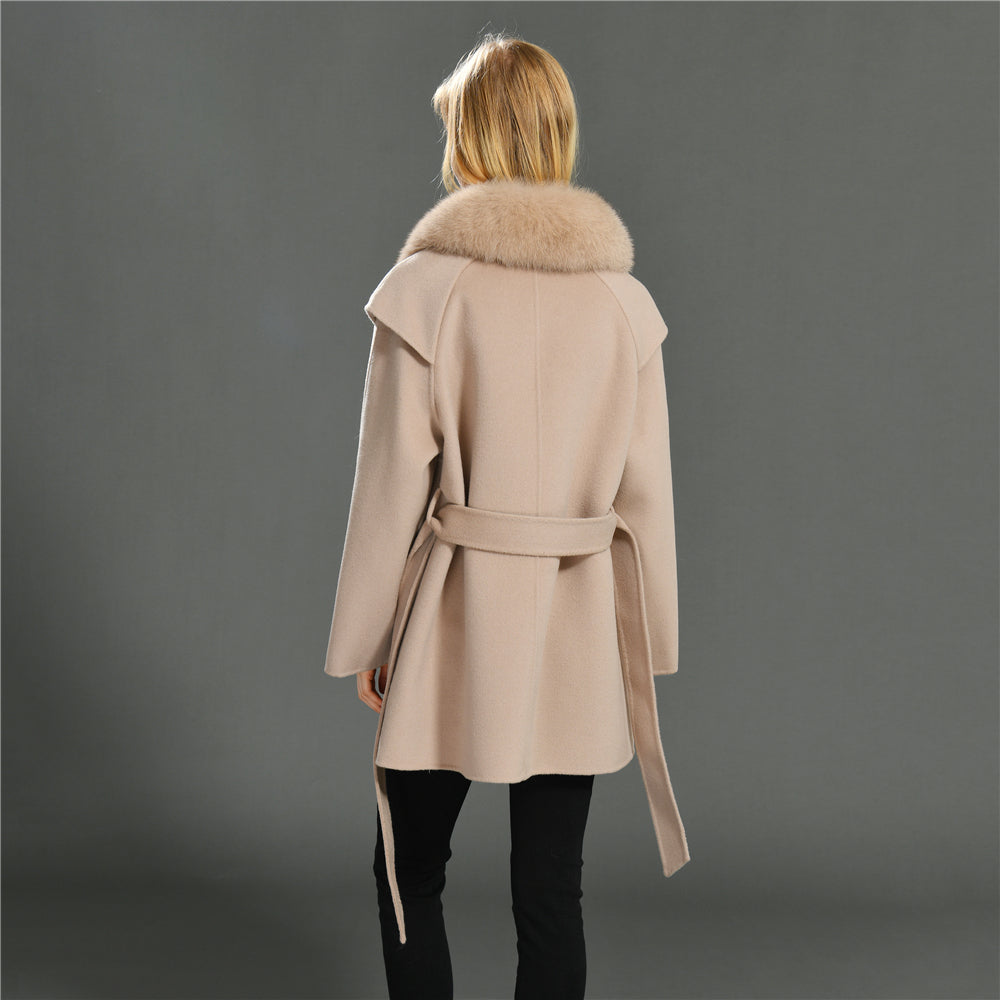 Jaxmonoy Cashmere Wool Coat Big Real Fur Collar