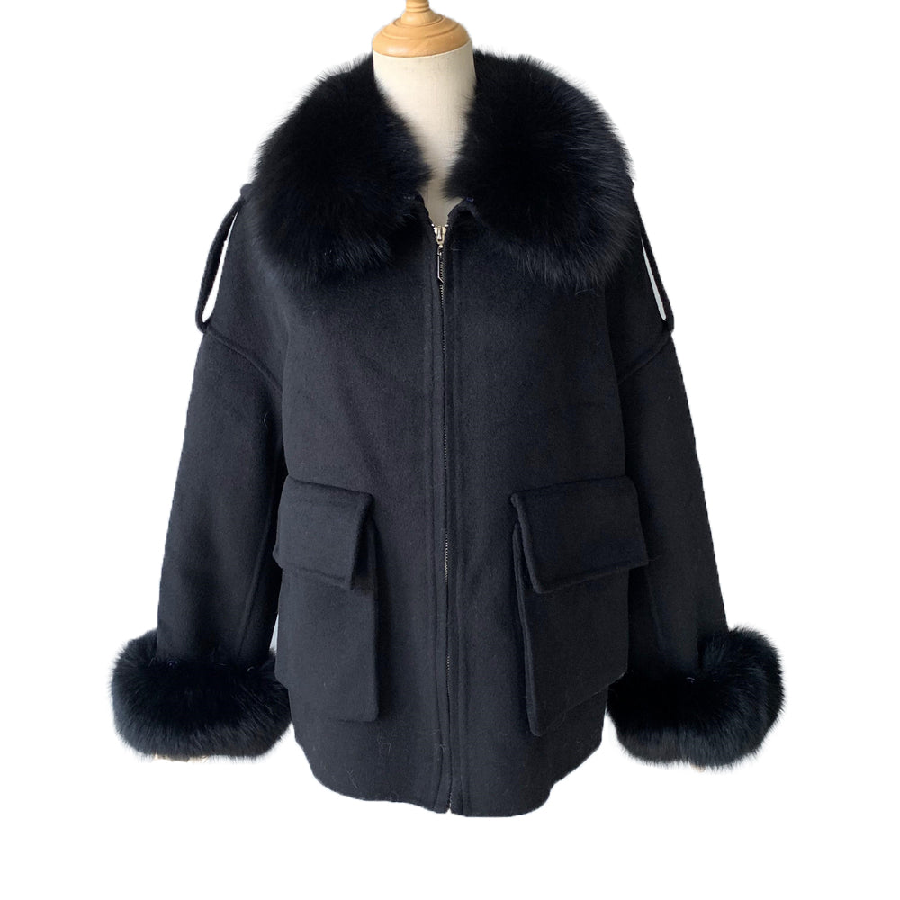 Jaxmonoy Women Cashmere Coat With Real Fur Collar And Cuffs