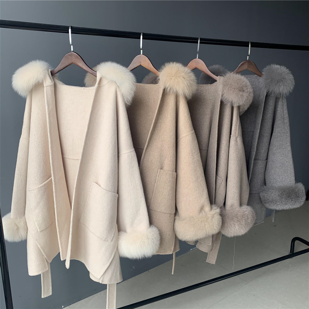 Jaxmonoy Ladies Cashmere Wool Coat Real Fox Fur Collar And Cuffs