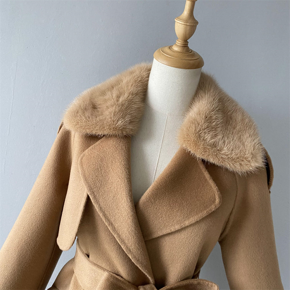 Wholesale Ladies Regular Length Cashmere Coat With Real Fox Fur Collar Custom Women Double-sided Wool Cashmere Coat