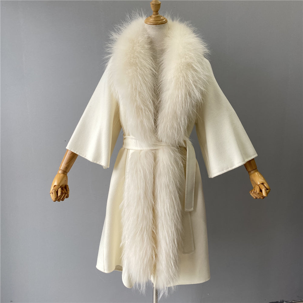 Jaxmonoy Women Cashmere Wool Coat Real Raccoon Collar Luxury Belt