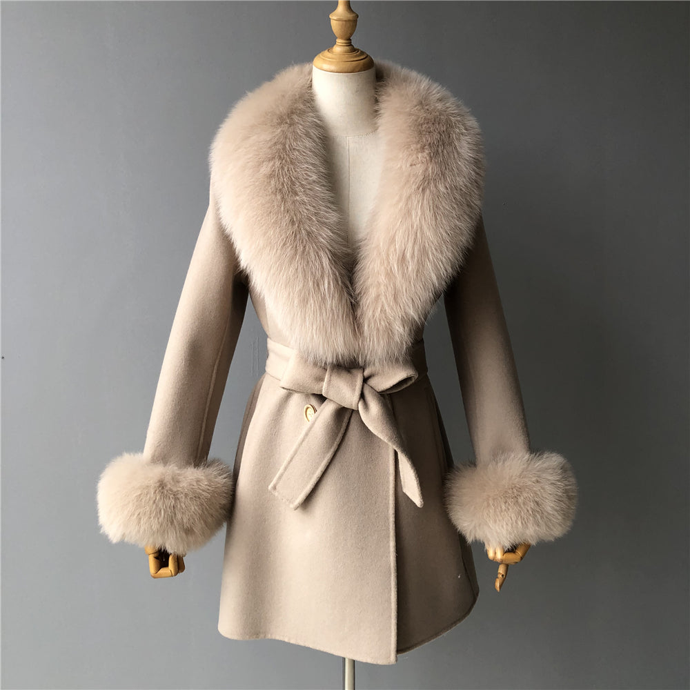 Jaxmonoy Elegant Women Regular Style Cashmere Coat With Real Fox Fur Collar And Cuffs