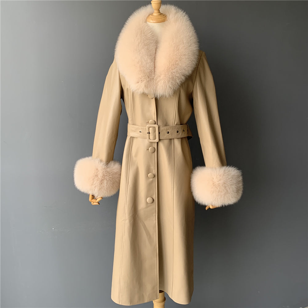 Jaxmonoy Leather Jacket Long Style Trench With Fox Fur Collar