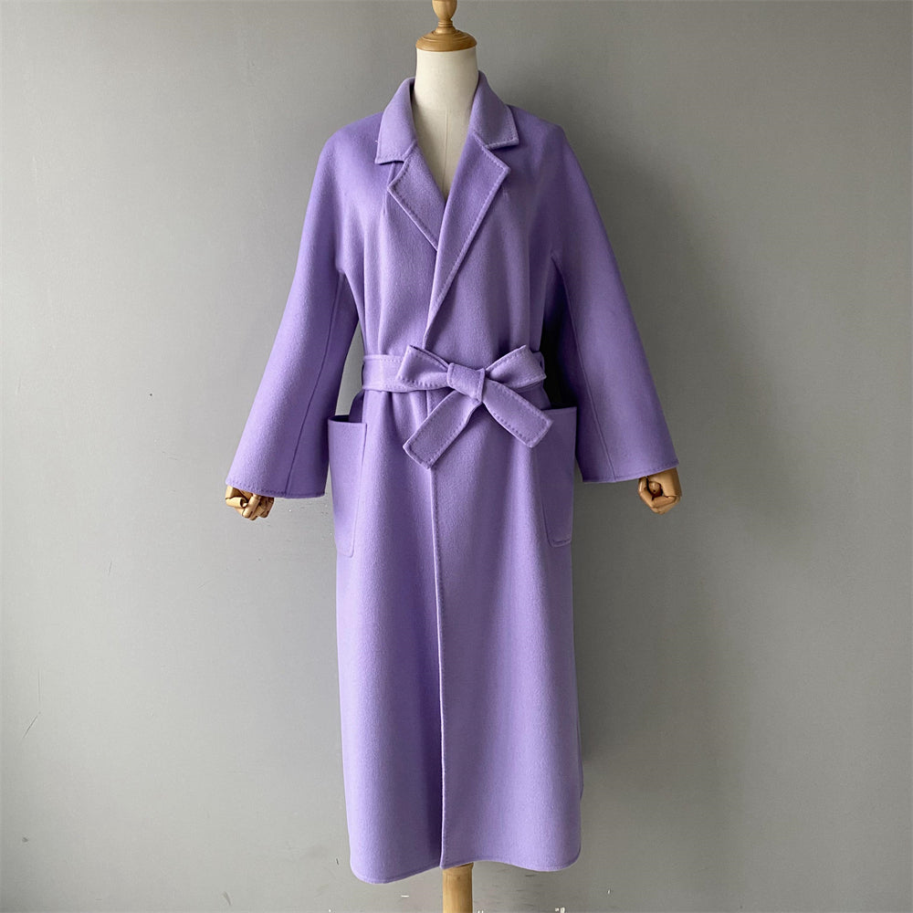 Solid Color Cashmere Coat With Big Side Pocket And Removable Belt
