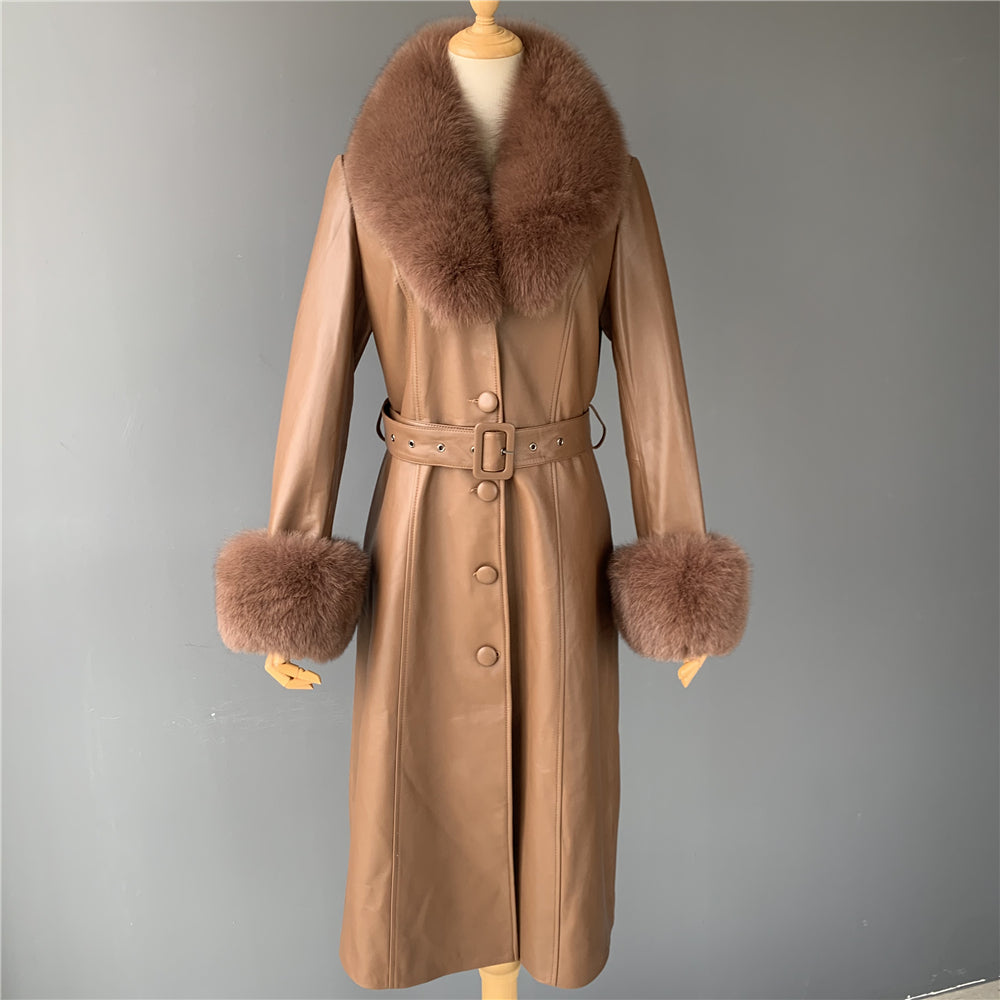Jaxmonoy Leather Jacket Long Style Trench With Fox Fur Collar