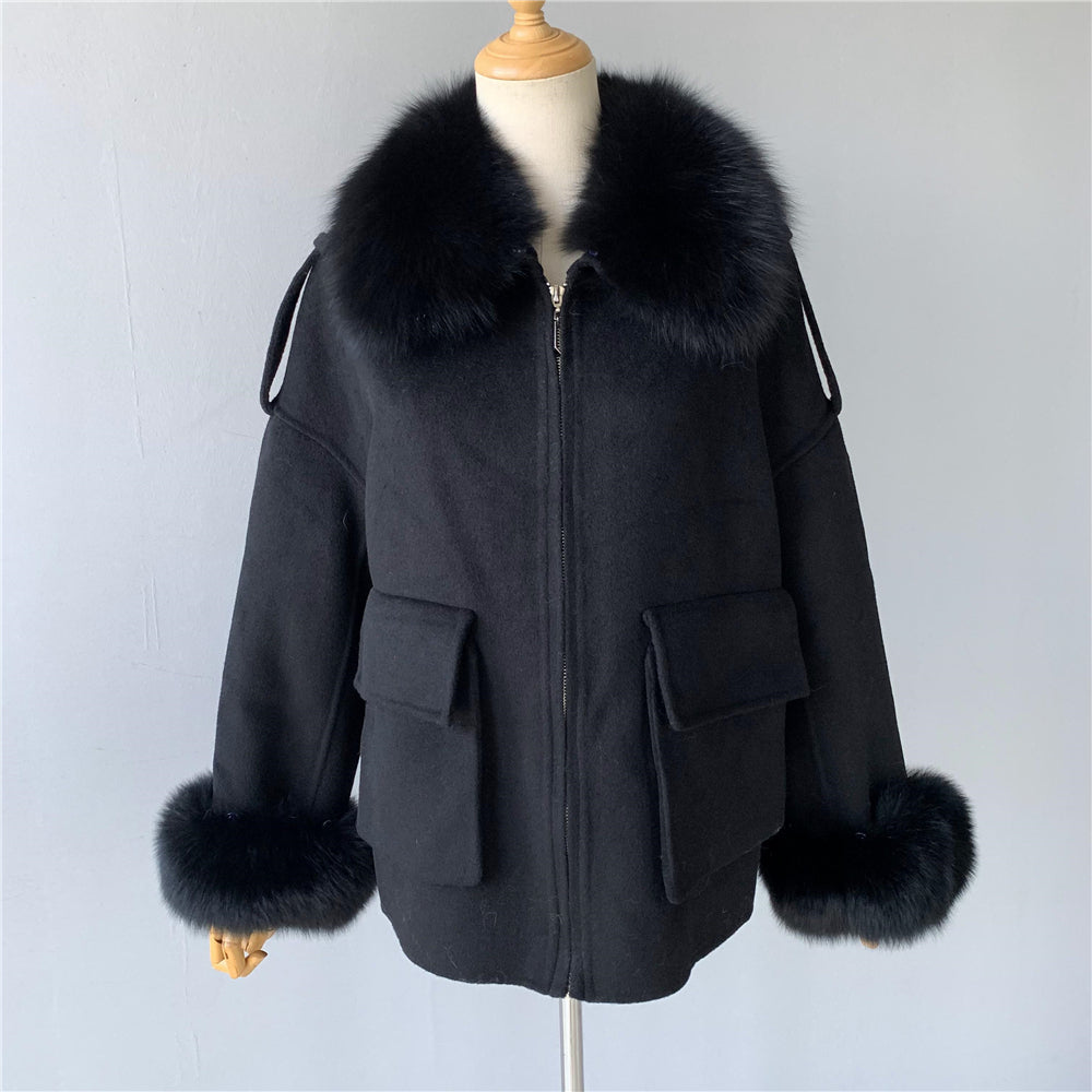 Jaxmonoy Women Cashmere Coat With Real Fur Collar And Cuffs