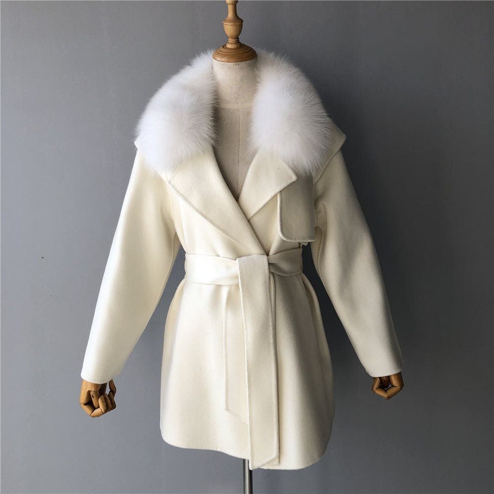 Jaxmonoy Cashmere Wool Coat Big Real Fur Collar