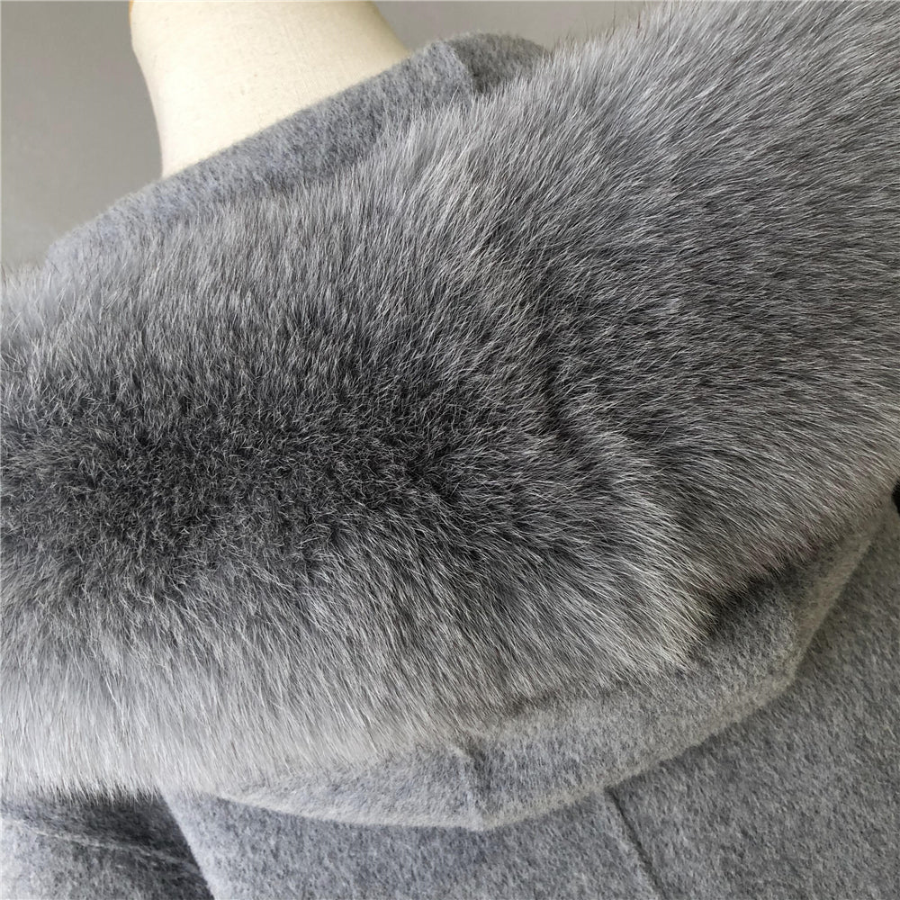 Jaxmonoy Women Cashmere Long Winter Coat Big Real Fur Jacket Horn Button Overcoat