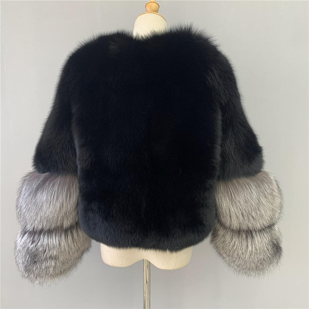 Jaxmonoy Ladies Real Fox Fur With Silver Fox Fur Coat Warm Real Fur Coat