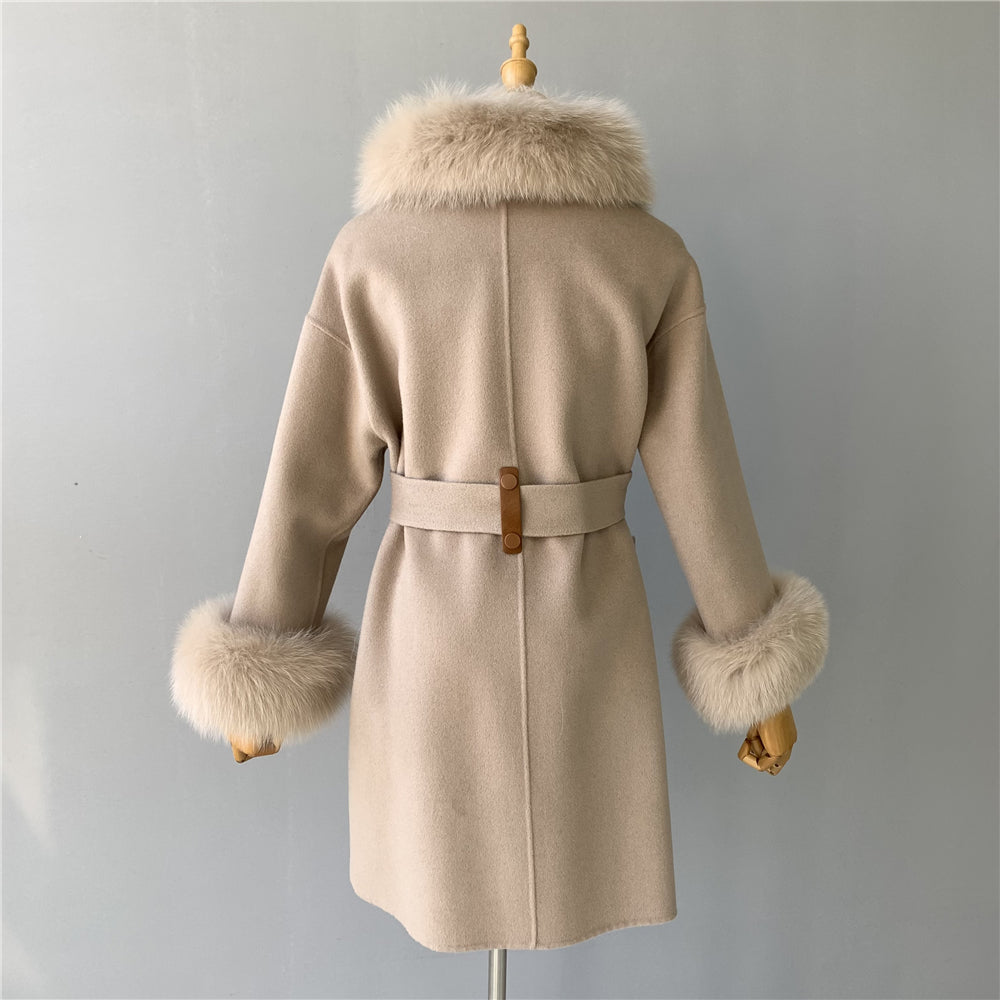 Jaxmonoy High-end Cashmere Coat With Big Real Fur Collar And Cuffs