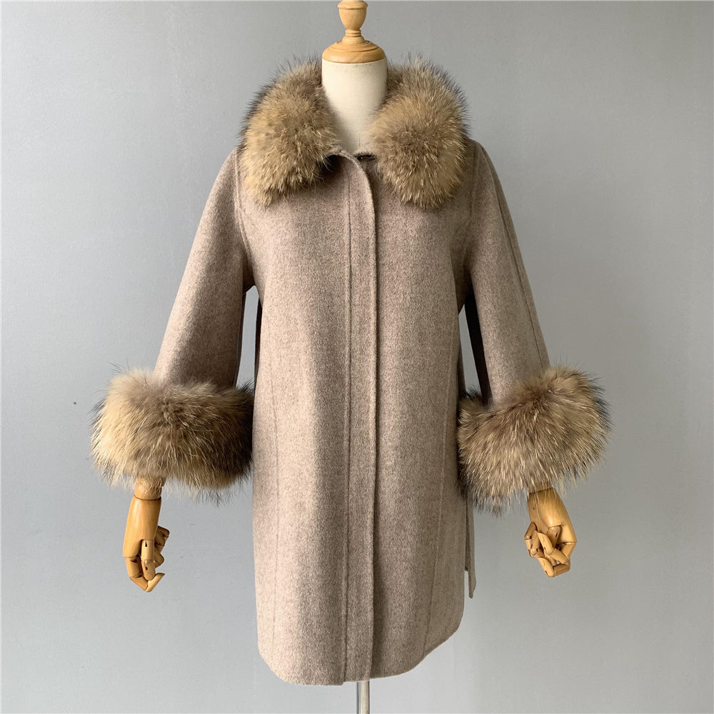 Jaxmonoy Stylish Cashmere Coat With Real Fur Collar And Cuffs Short Style