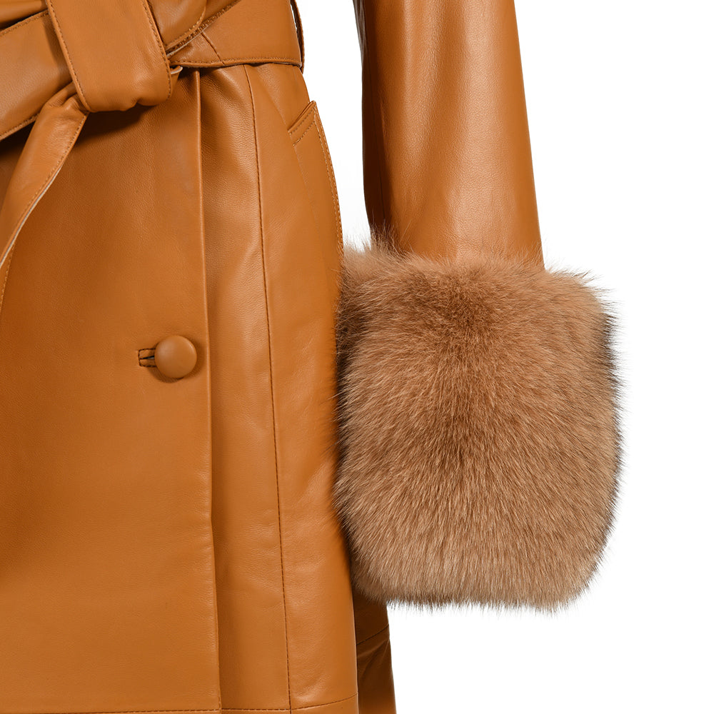 Winter Thick Warm Leather Trench Coat With Real Fox Fur Collar And Cuffs Fashion Long Genuine Leather Coat For Women