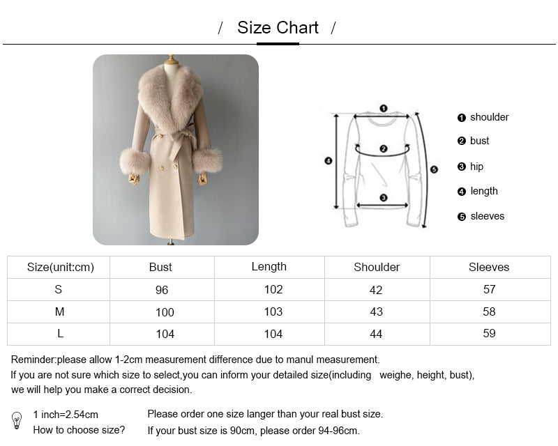 Jaxmonoy Luxurious Double-sided Cashmere Coat With Removable Big Fox Fur Collar And Cuffs