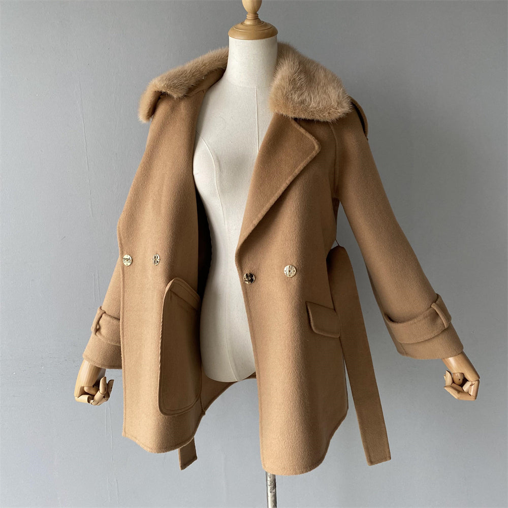 Wholesale Ladies Regular Length Cashmere Coat With Real Fox Fur Collar Custom Women Double-sided Wool Cashmere Coat
