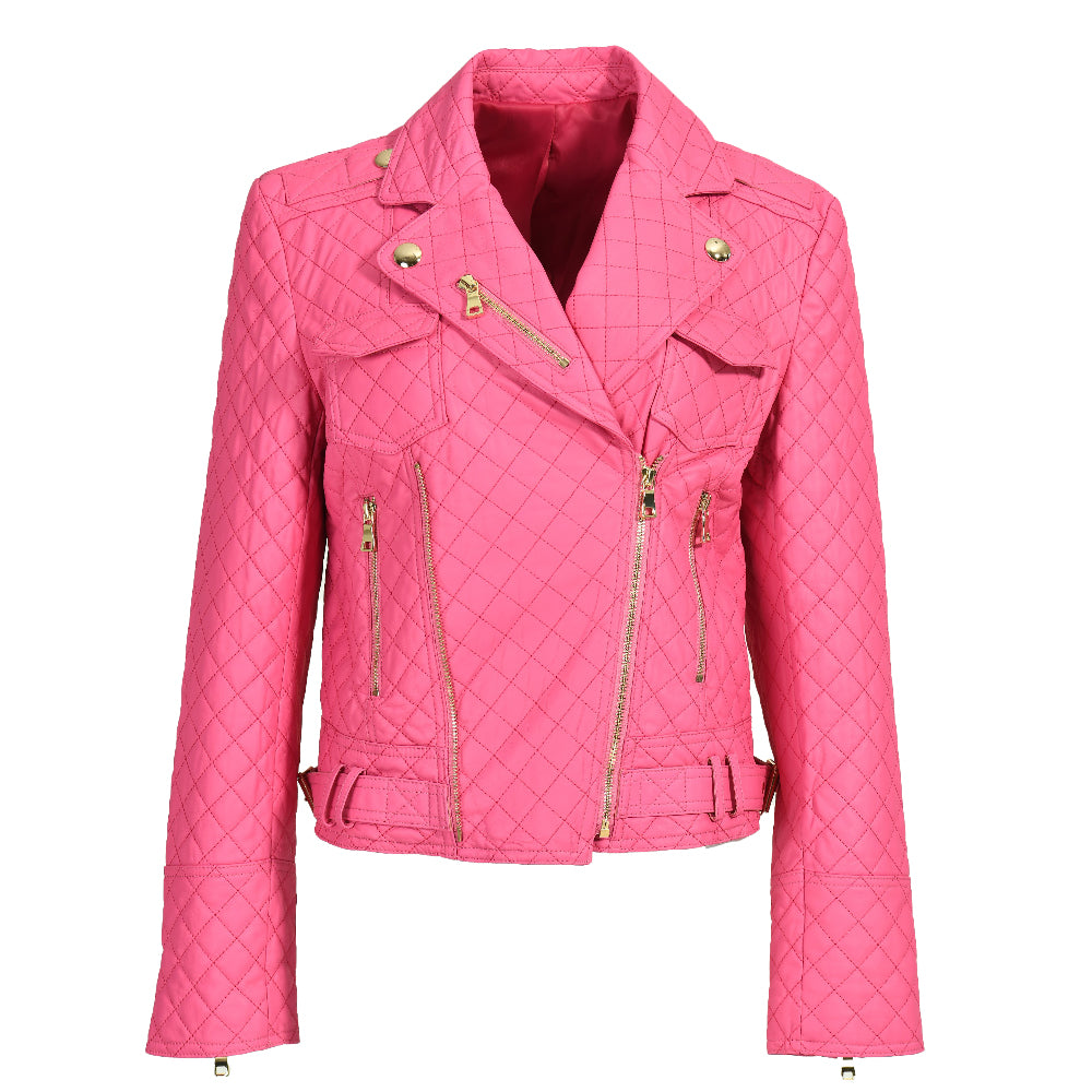 Popular Colorful Leather Coat Belt Zipper Design V-neck Genuine Leather Jacket Women