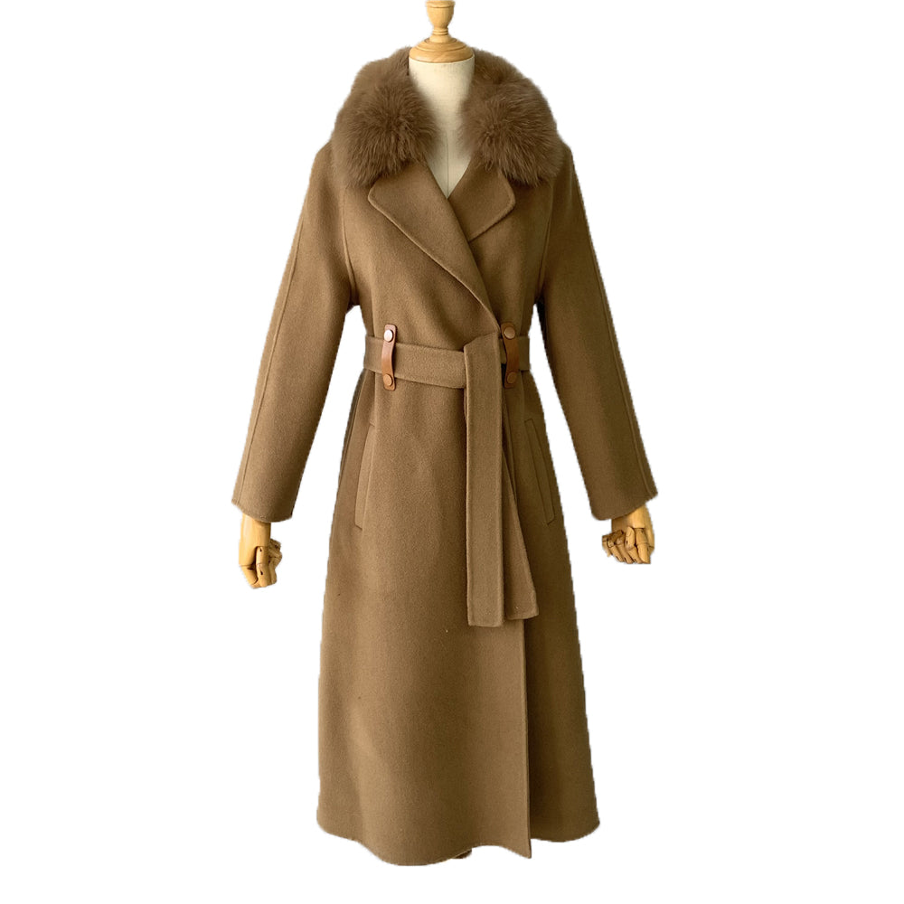 Jaxmonoy Long Style Cashmere Coat With Turn-down Real Fur Collar
