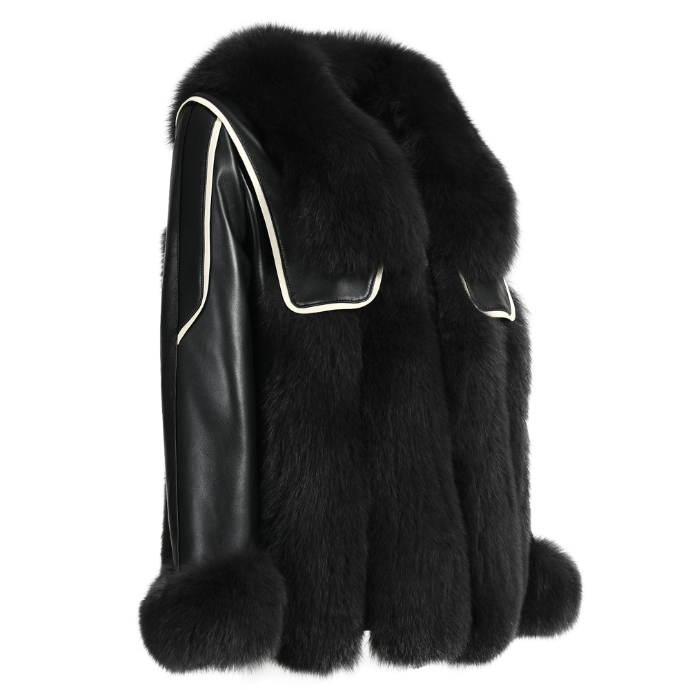 Genuine Leather Jacket With Real Fox Fur V-neck Collar Spring