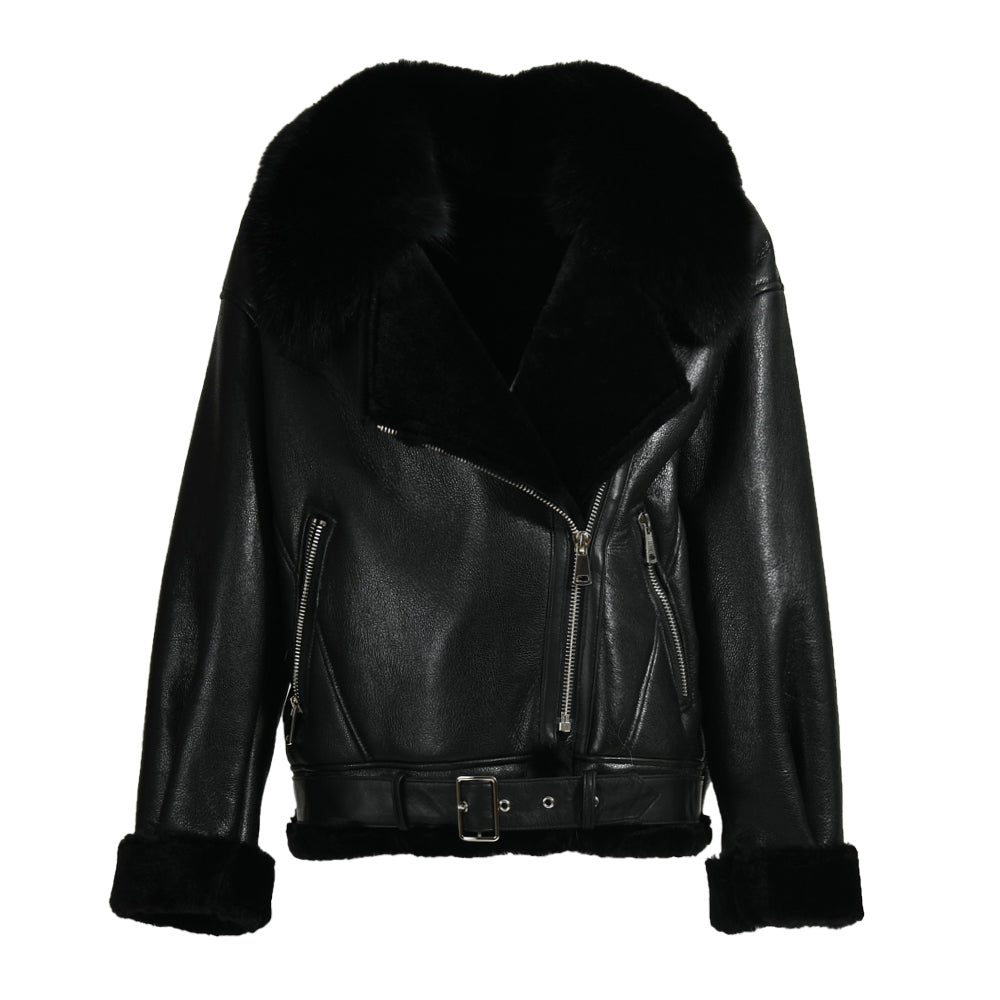 Shearling Coat With Real Fox Fur Collar Leather Jacket For Women
