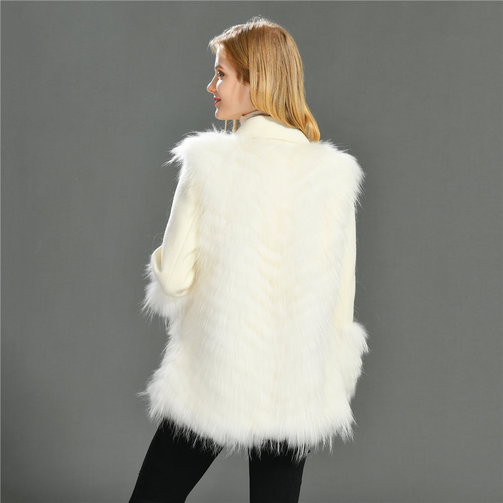 Jaxmonoy Women Cashmere Coat With Real Fur Cuffs Short Style