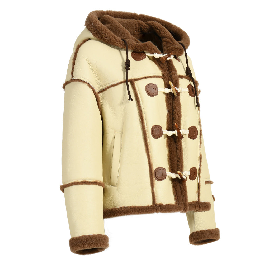 Horn Button Hooded Genuine Leather Jacket With Real Fur Winter