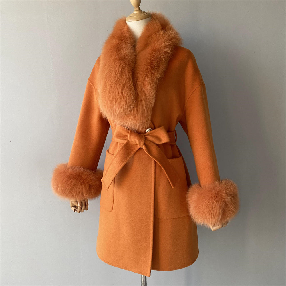 Wholesale Cashmere Coat With Real Detachable Fox Fur Scarf And Cuffs Winter High Quality Wool Blend Coats For Women