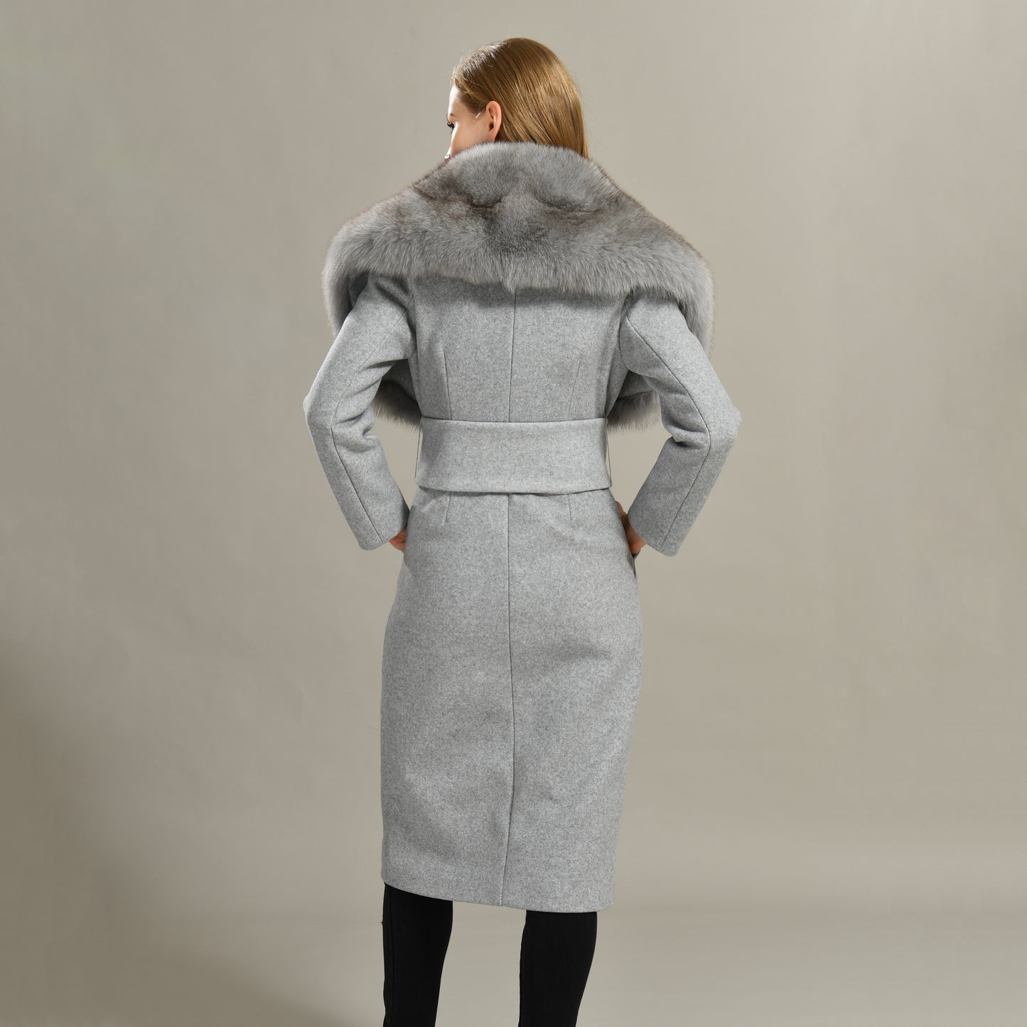 Jaxmonoy Modern Style Cashmere Coat With Luxurious Real Fox Fur Collar