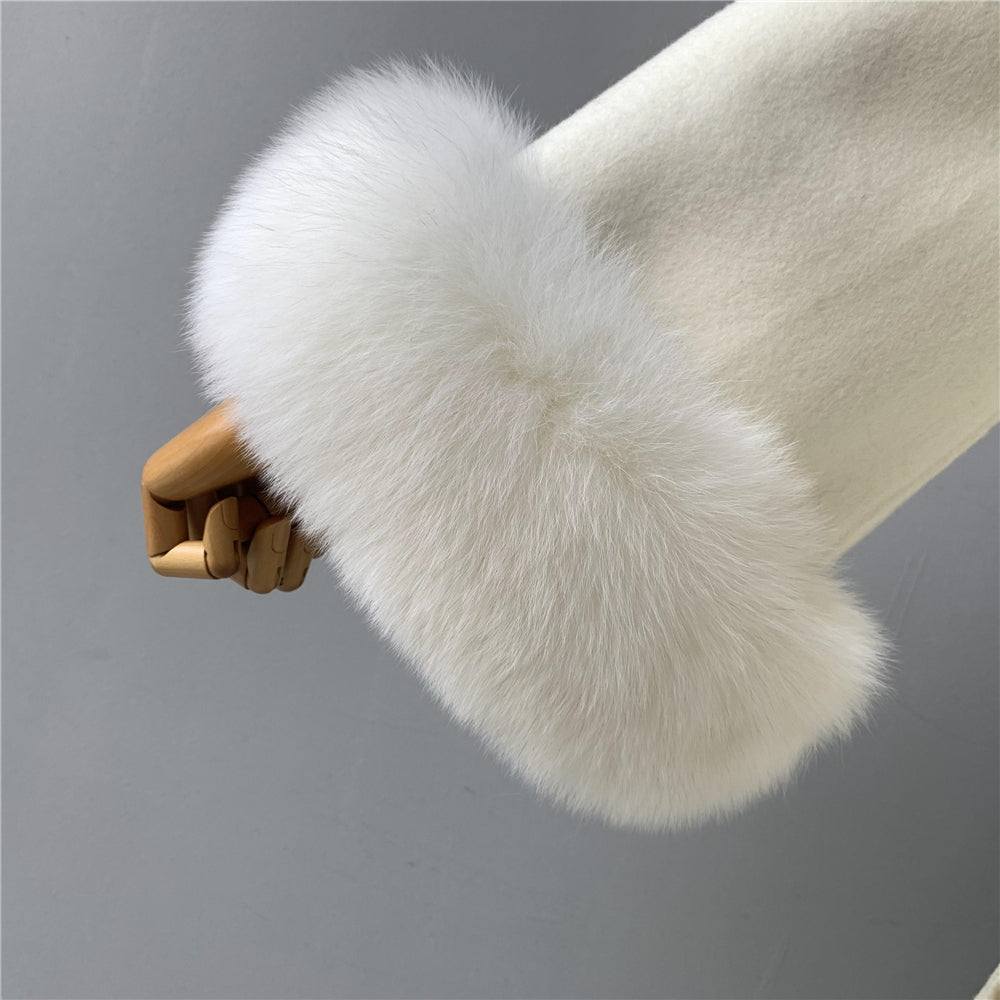 Jaxmonoy Fashionable Women Cashmere Coat With Big Real Fur Collar And Cuffs